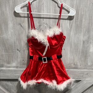 Festive Red Satin Chemise with Fur Trim. X1